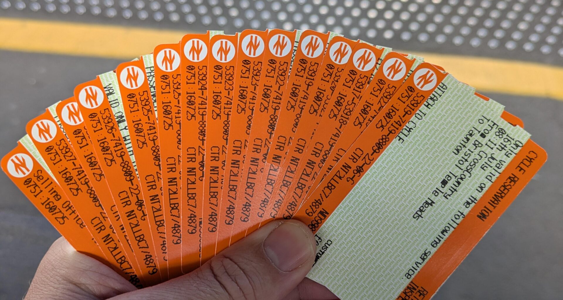 The tickets I was required to collect for a day return from Bristol to Exeter on the train with a bike. What a perfectly streamlined system.