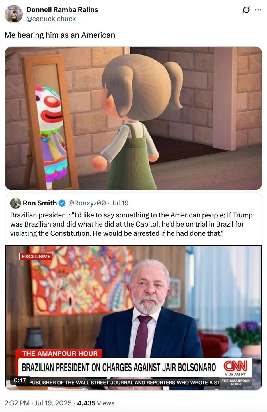 Top tweet: Cartoon character listening. Bottom: News segment shows a man discussing a quote about Trump, Brazil, and the Constitution trial