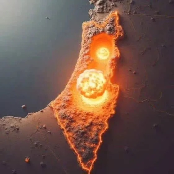 An image posted by an Iranian advisor depicting two mushroom clouds and nuclear fallout over Israel, July 12, 2025. (photo credit: Screenshot/Instagram)