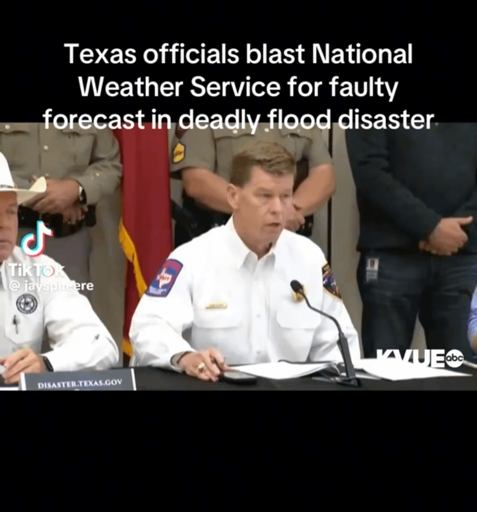 Texas officials blast National Weather Service, a service they voted to defund, for faulty forecasting in deadly flood disaster.