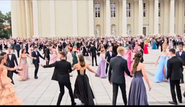 Like every year Highschool graduates dance Polonez in center of Vilnius