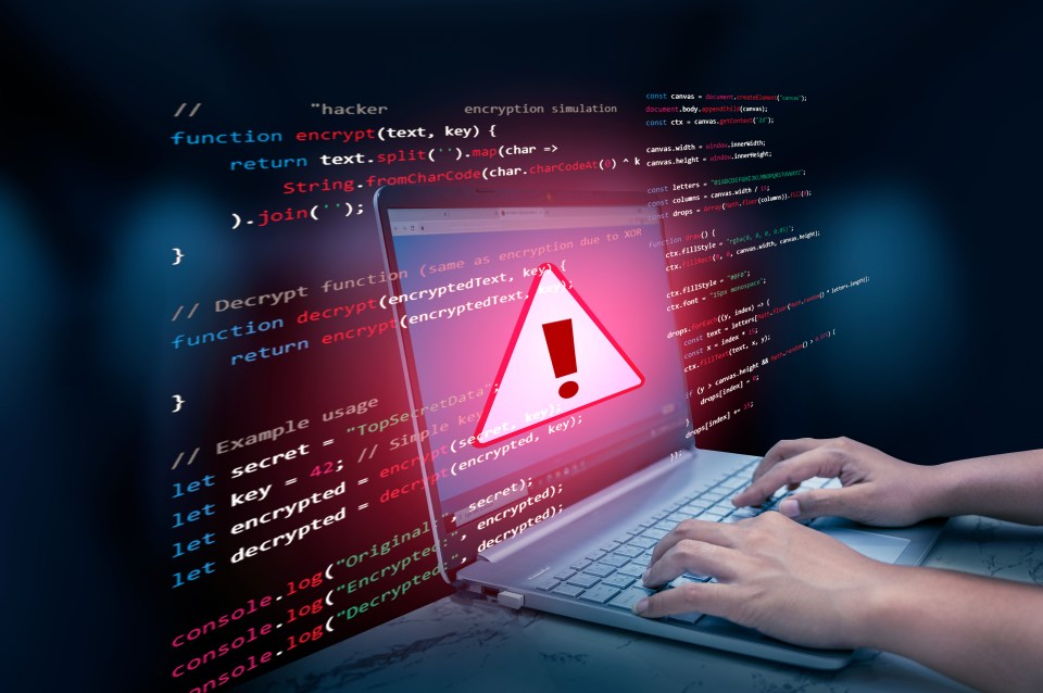 Illustration of a laptop displaying a warning sign and code, with hands typing on the keyboard.