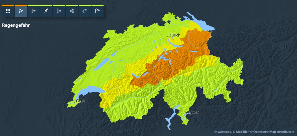 Orange: In diesen Regionen gilt wegen des anhaltenden Regens weiterhin Gefahrenstufe 3.