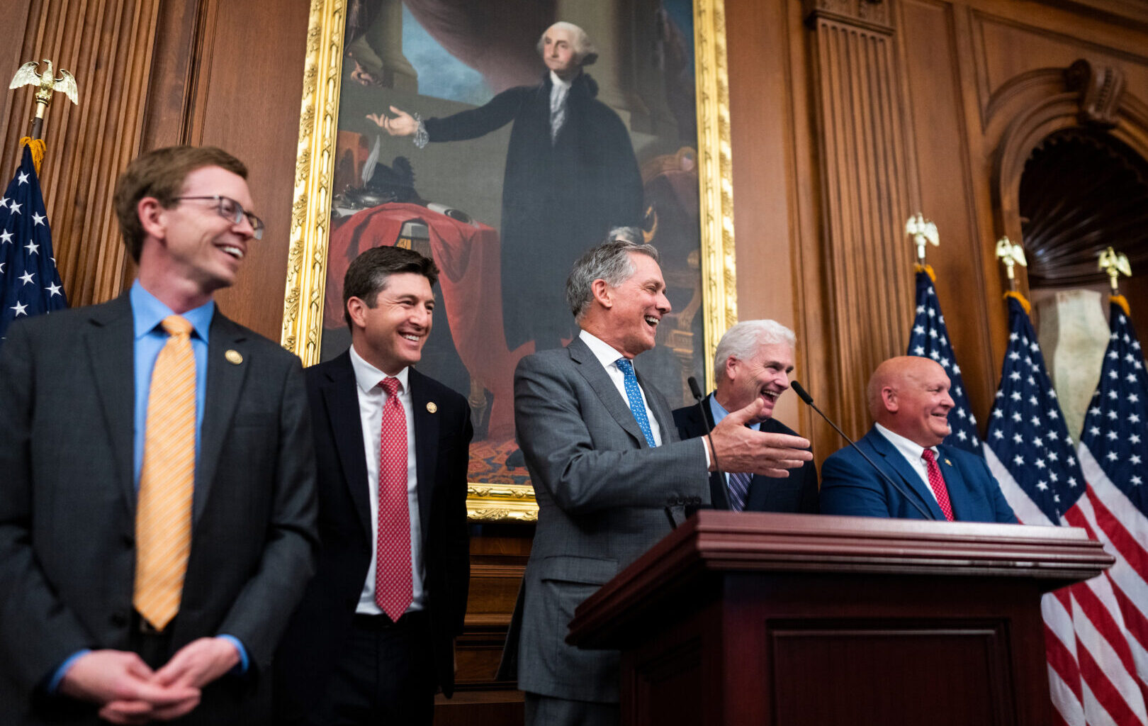From left, Reps. Dusty Johnson, R-S.D., Bryan Steil, R-Wis., French Hill, R-Ark., House Majority Whip Tom Emmer, R-Minn., and Glenn "GT" Thompson, R-Pa., conduct a news conference in the Capitol on Thursday after House passage of a stablecoin bill.