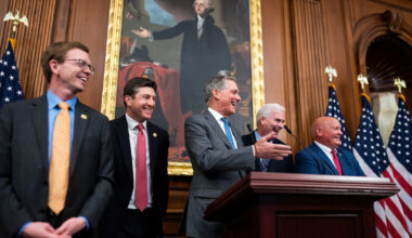 From left, Reps. Dusty Johnson, R-S.D., Bryan Steil, R-Wis., French Hill, R-Ark., House Majority Whip Tom Emmer, R-Minn., and Glenn "GT" Thompson, R-Pa., conduct a news conference in the Capitol on Thursday after House passage of a stablecoin bill.