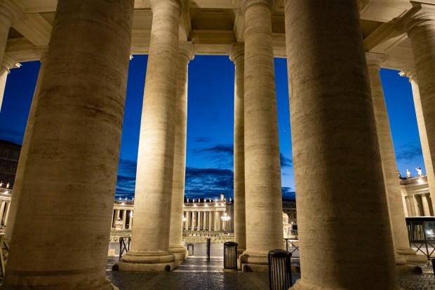 St. Peter's Square is prepared before dawn for the installation Mass of Pope Leo XIV on Sunday, May 18, 2025, at the Vatican. (Brian Cassella/Chicago Tribune)