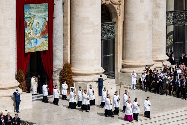 Pope Leo XIV is installed during Mass in St. Peter's Square on Sunday, May 18, 2025, at the Vatican. (Brian Cassella/Chicago Tribune)