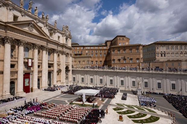 Pope Leo XIV is installed during Mass in St. Peter's Square on Sunday, May 18, 2025, at the Vatican. (Brian Cassella/Chicago Tribune)