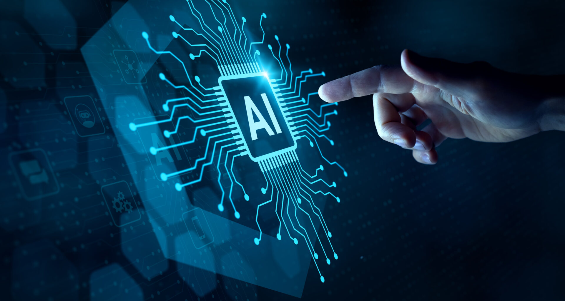 A hand reaching out to touch a futuristic rendering of an AI processor.
