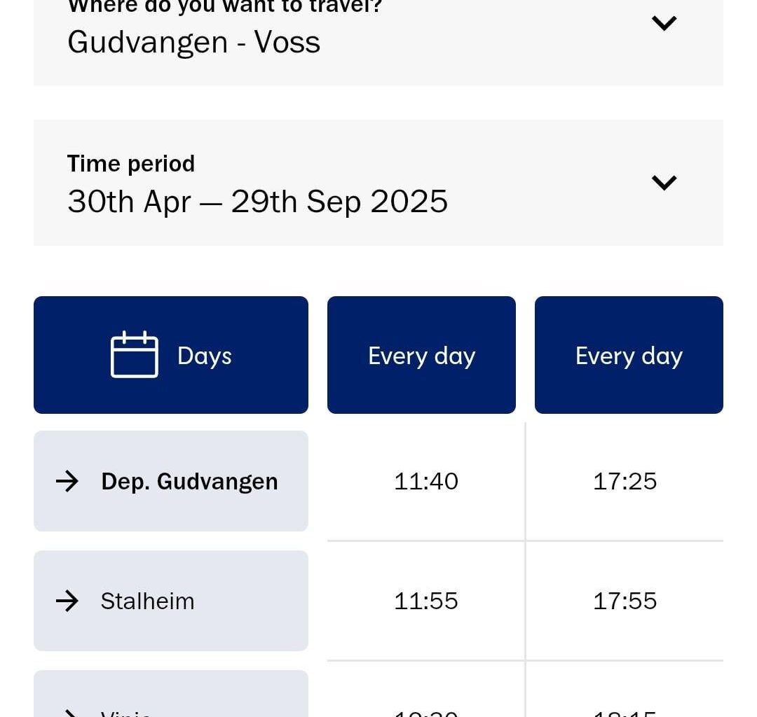 Bus from Gudvangen to Voss times