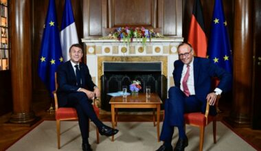 German Chancellor Friedrich Merz and French President Emmanuel Macron at the Villa Borsig in Berlin (John MACDOUGALL)