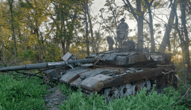 "Destroyed Russian T-90M Proryv tank somewhere on the front."