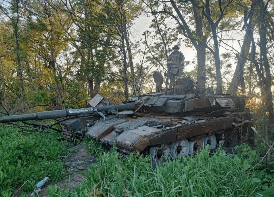 "Destroyed Russian T-90M Proryv tank somewhere on the front."
