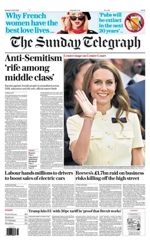 The headline on the front page of the Sunday Telegraph reads: "Anti-Semitism 'rife among middle class'".