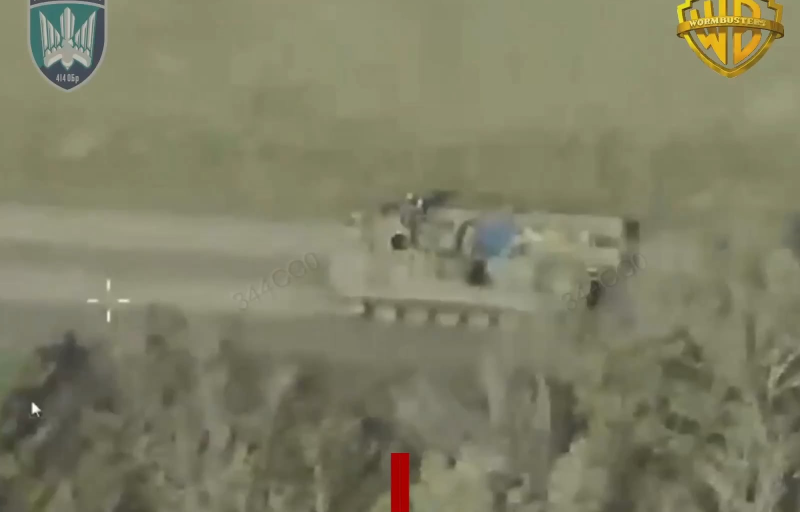 Drone footage of the "Wormbusters" unit of the Ukrainian 414th Unmanned Strike Aviation Systems Brigade attacking a Russian Strela-10 air defense system.