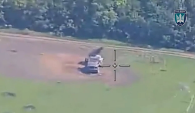 A Russian BM-21 Grad MLRS is destroyed in a catastrophic explosion after being hit by a Ukrainian FPV drone (music from source)