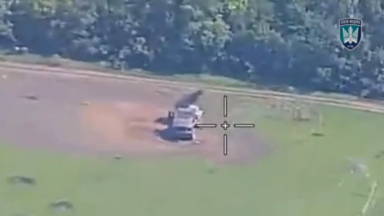 A Russian BM-21 Grad MLRS is destroyed in a catastrophic explosion after being hit by a Ukrainian FPV drone (music from source)