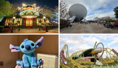 A collage shows Disney parks: Chefs De France lit up, Epcot’s Spaceship Earth, Stitch plush, and a roller coaster.