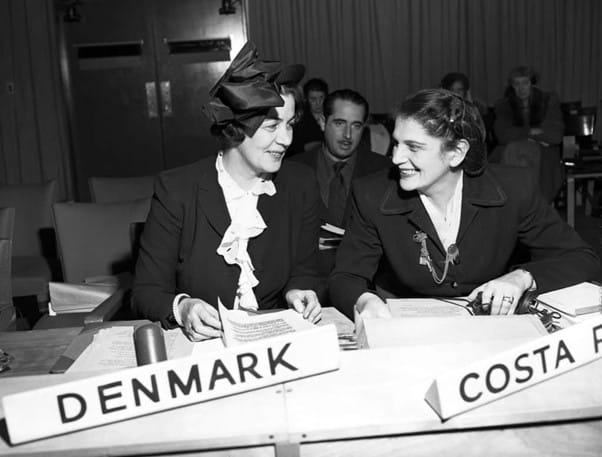 Danish diplomat Bodil Begtrup and Graciela Morales F. De Echeverria, of Costa Rica at a meeting of the United Nations Commission on the Status of Women in 1948.
