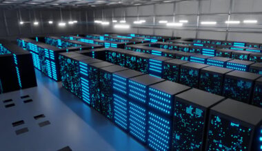 Room of data center servers for AI.