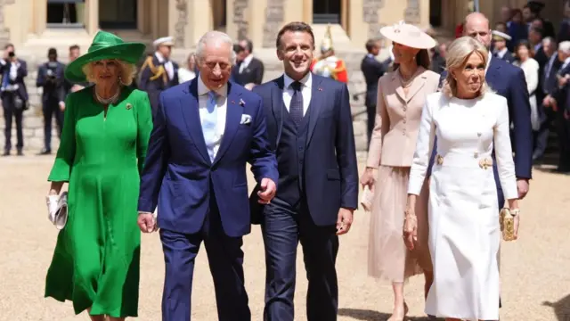 Queen Camilla, King Charles III, President of France Emmanuel Macron and his wife Brigitte Macron, at the Ceremonial Welcome for his state visit to the UK.