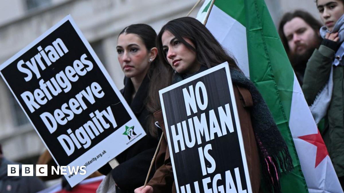 Two female protesters hold Syrian flags and placards reading: "Syrian refugees deserve dignity" and "no human is illegal".