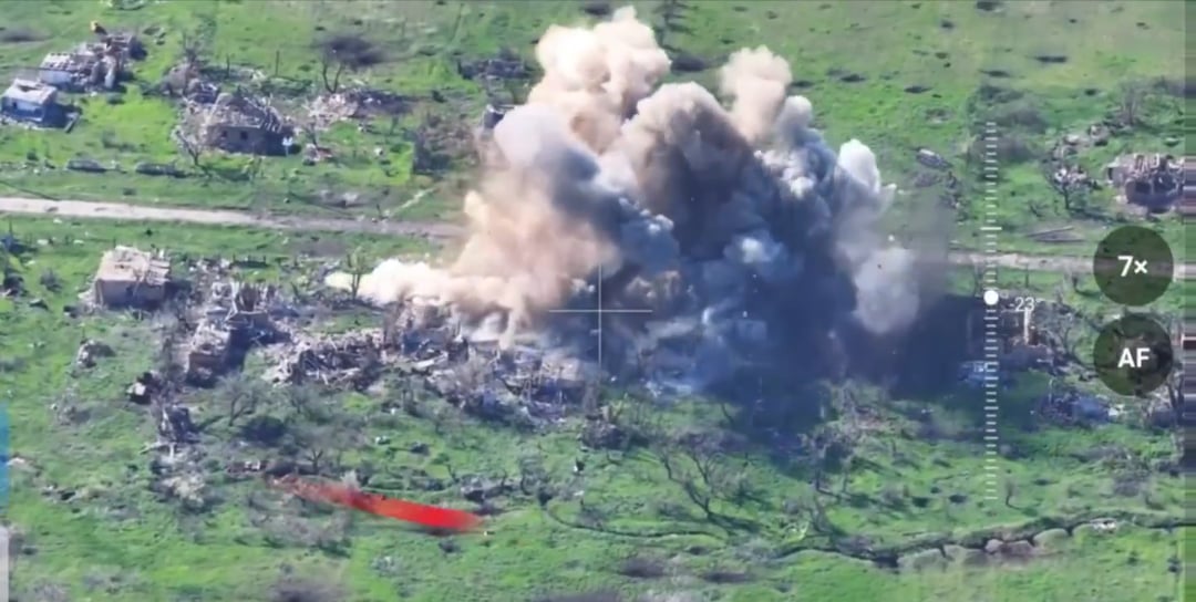 Ukrainian Air Force MiG-29 bombed a Russian assault group of about 20 soldiers in basements as they were preparing for an assault. American GBU-39 precision guided bombs were used. July 2025