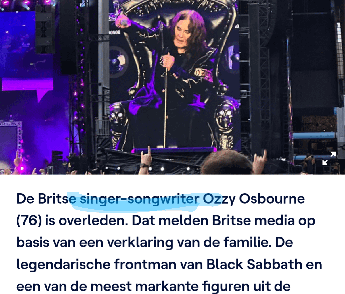 VRT calls Ozzy Osbourne, the Prince of darkness, a singer-songwriter