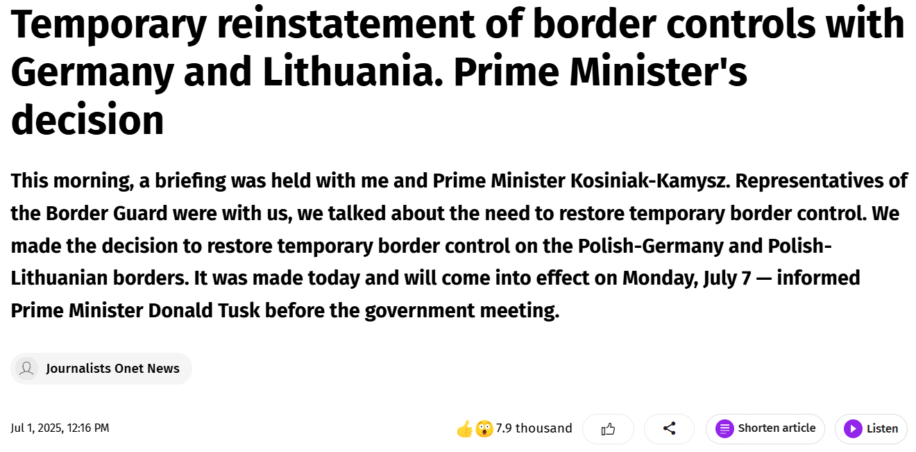 Tusk: Temporary reinstatement of border controls with Germany and Lithuania