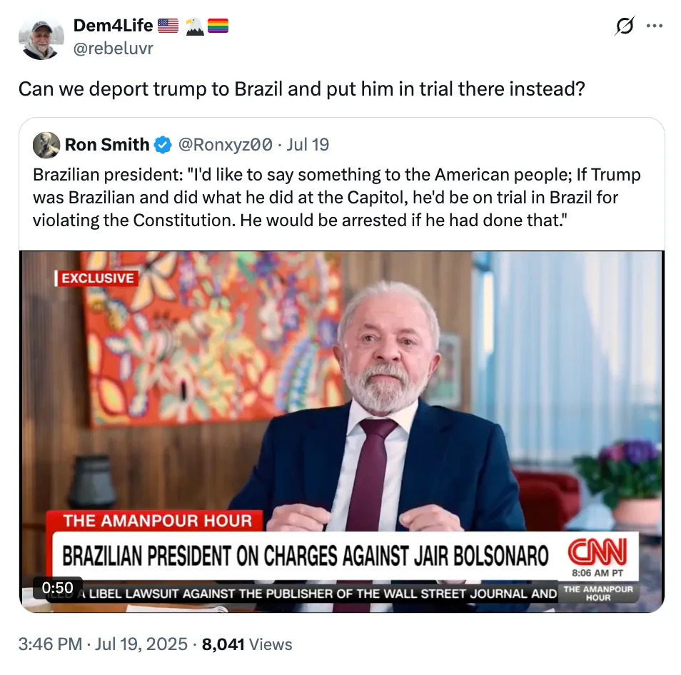 Screenshot of a tweet discussing Donald Trump and Brazil, with an image from CNN of the Brazilian President addressing charges against Jair Bolsonaro
