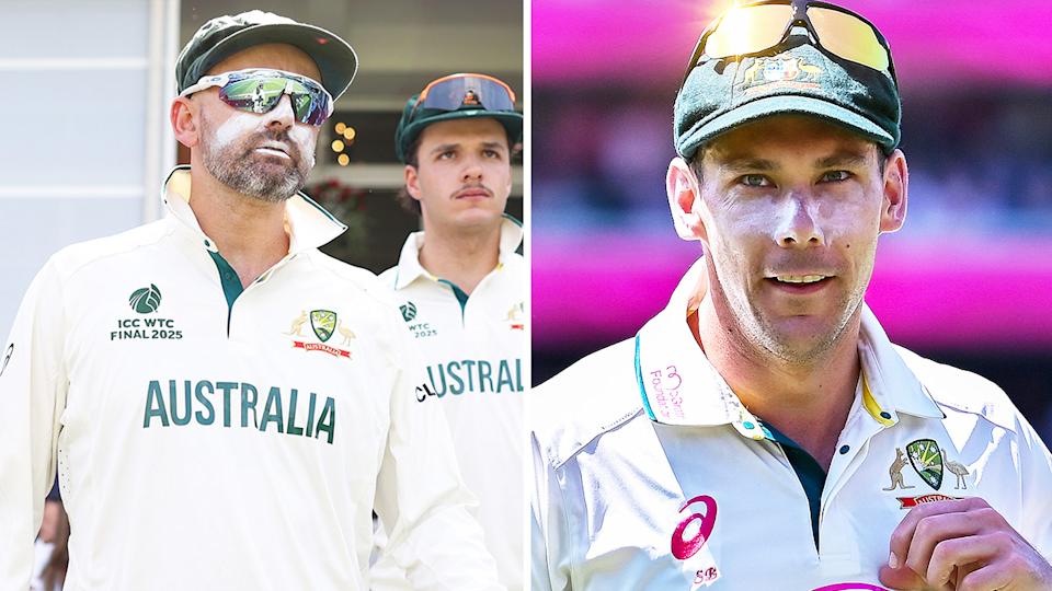 Aussie captain Pat Cummins hasn't ruled out Scott Boland (pictured right) coming into the XI with Nathan Lyon (pictured left) being left out of the Pink-ball Test against the West Indies. (Images: Getty Images)