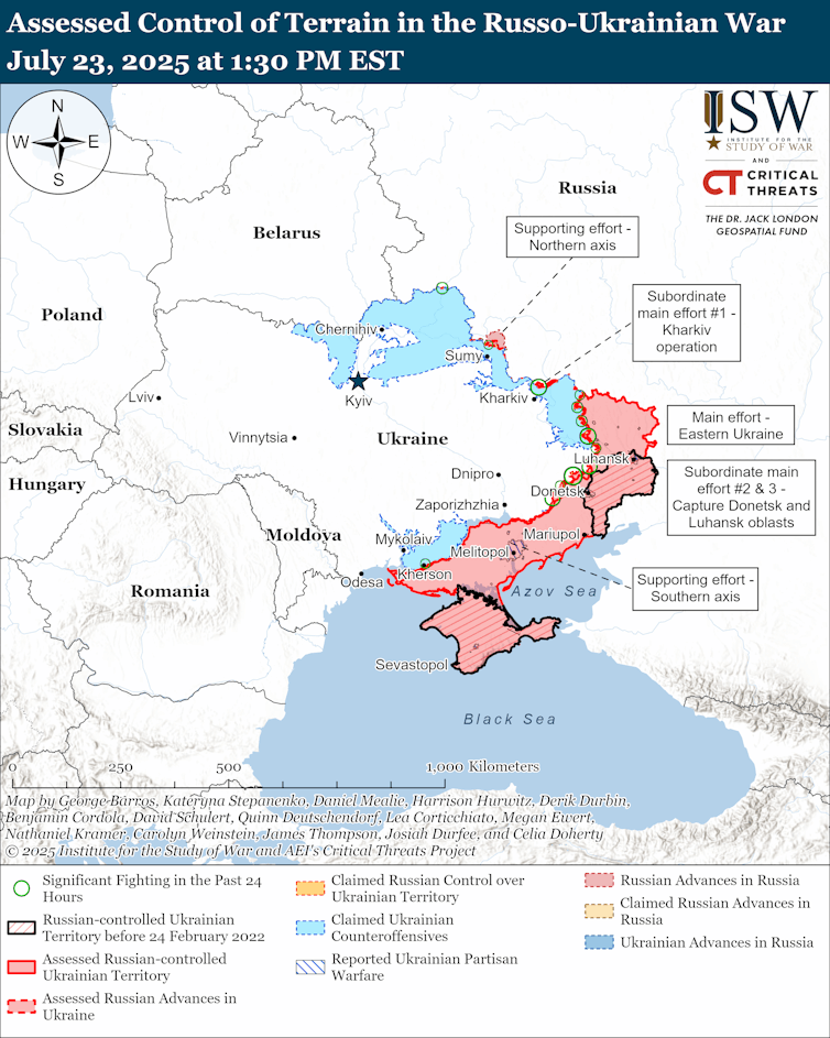ISW map showing the state of the conflict in Ukraine, July 23 2025.