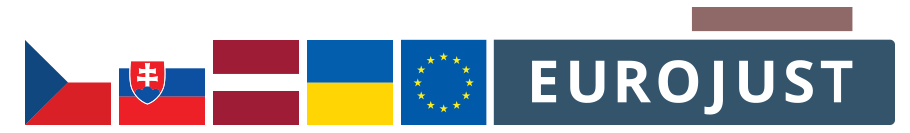 Flags of Czechia, Slovakia, Latvia and Ukraine. Logo Eurojust