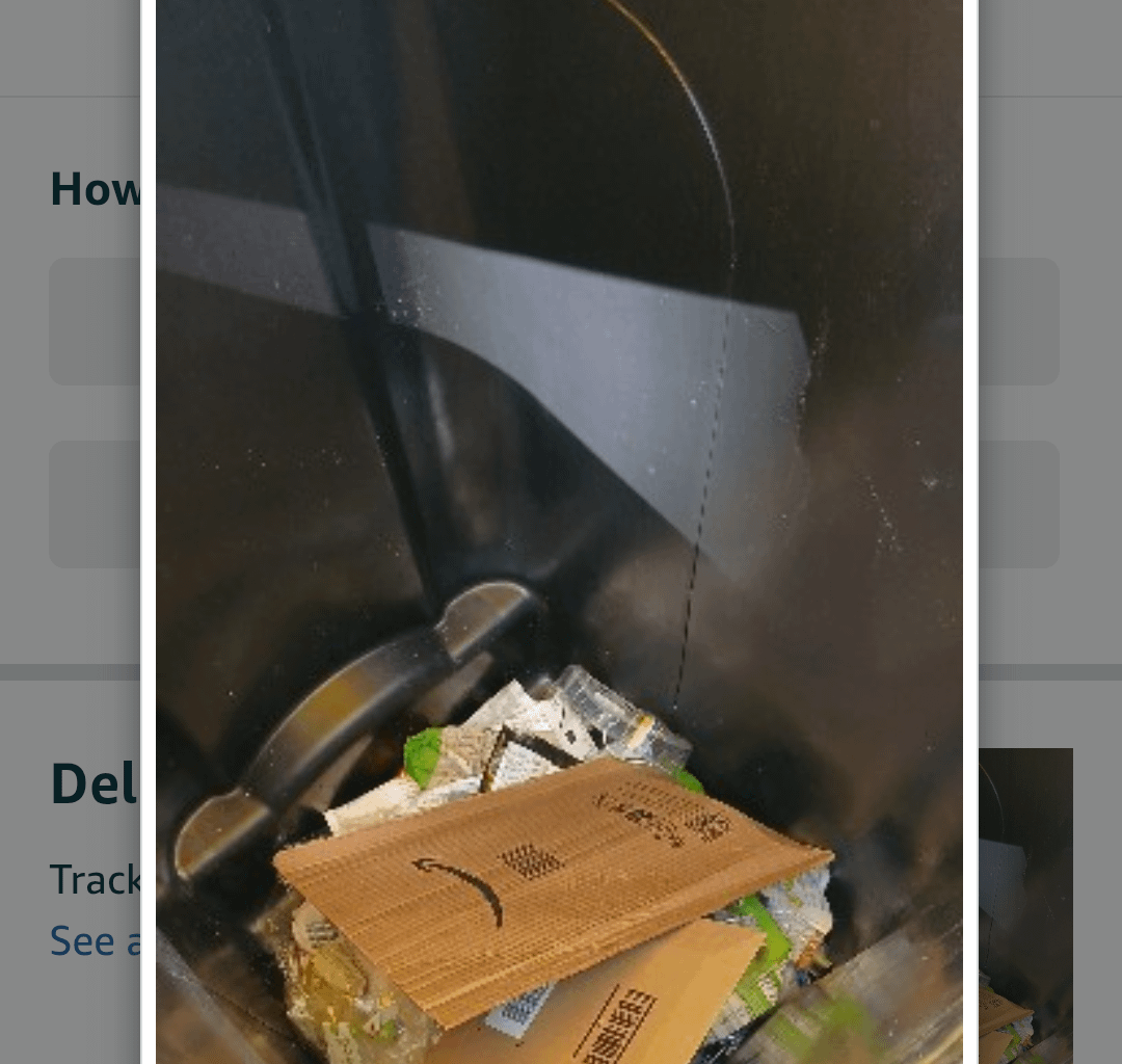 Amazon delivery put my packages in the trash and took a photo of the 'secure location'.
