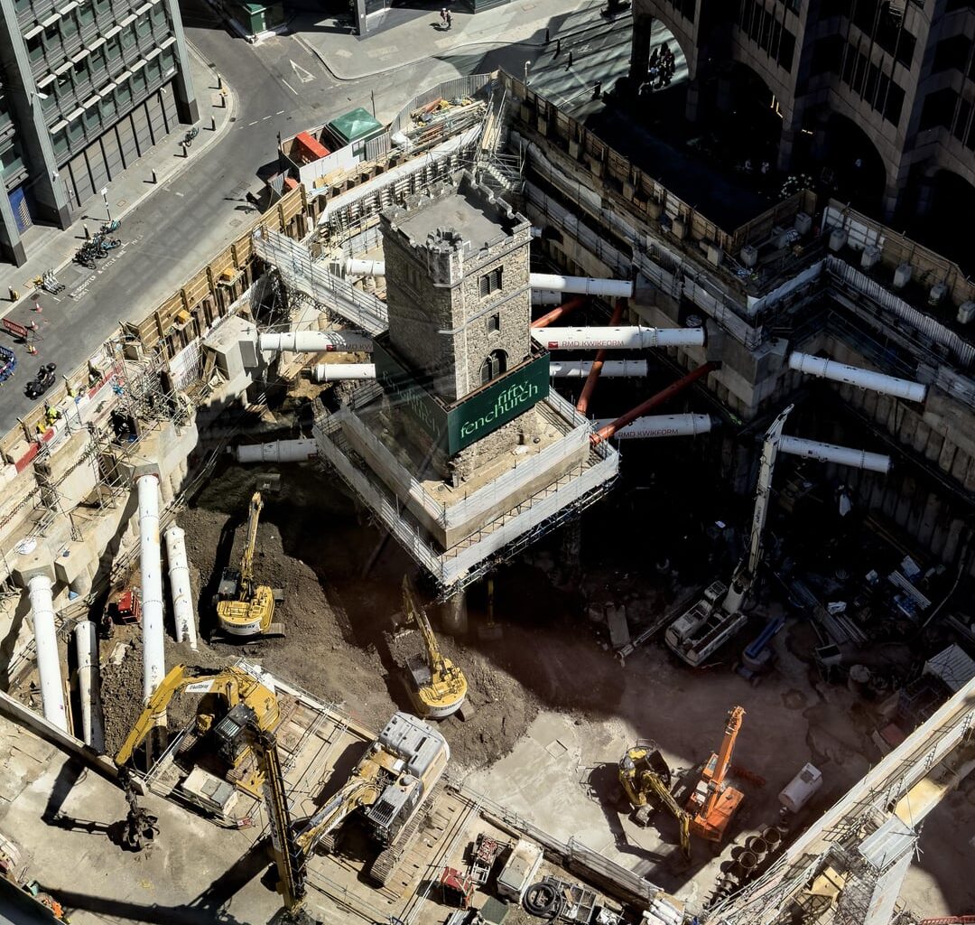 Construction site around one of London’s oldest medieval churches.