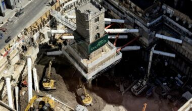 Construction site around one of London’s oldest medieval churches.