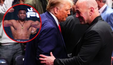Main: Donald Trump speaks to Dana White while in attendance at UFC 309. Inset: Francis Ngannou weighs in ahead of his PFL fight against Renan Ferre...
