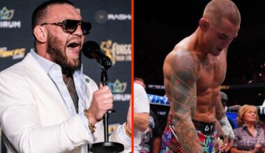 Conor McGregor shouts during a BKFC press conference, Dustin Poirier lays down his gloves at UFC 318.