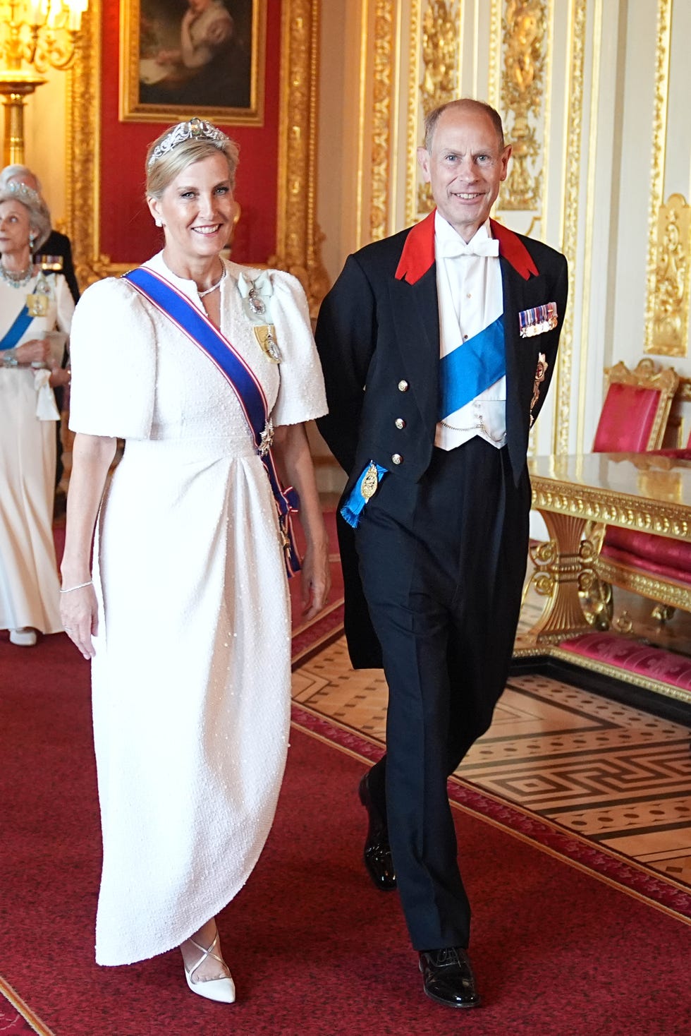 windsor, england july 8: sophie, duchess of edinburgh and prince edward, duke of edinburgh attend the state banquet for president of france emmanuel macron and his wife brigitte macron, at windsor castle on july 8, 2025 in windsor, england. president emmanuel macron and mrs brigitte macron visit the uk in the first visit state visit made by france in 17 years. they are staying at windsor castle, hosted by king charles iii and queen camilla, and a banquet will be held there in their honour. the macrons will visit imperial college, and the president will address parliament during his stay. (photo by aaron chown pool/getty images)