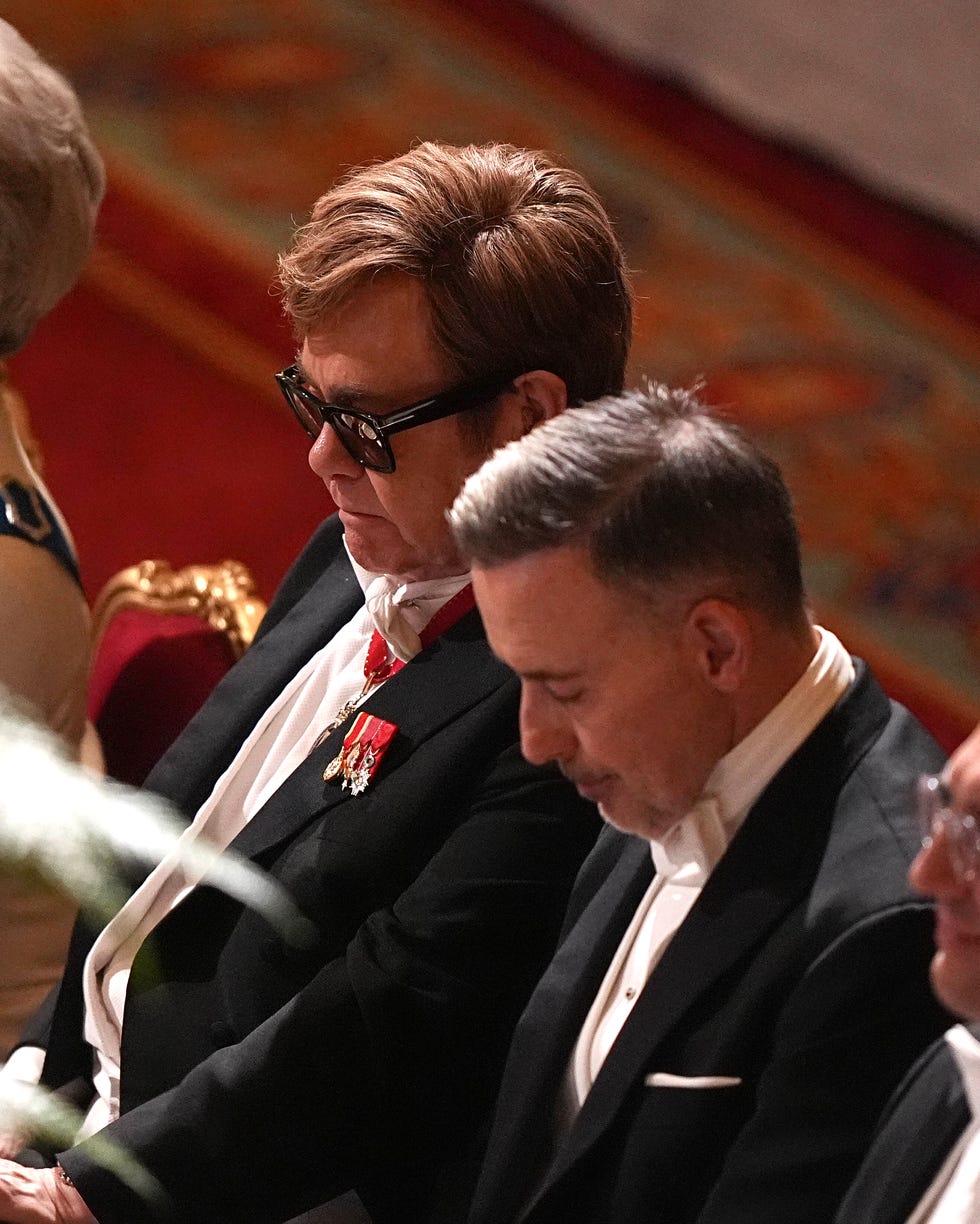 windsor, england july 8: elton john and husband david furnish attend the state banquet for president of france emmanuel macron and his wife brigitte macron, at windsor castle on july 8, 2025 in windsor, england. president emmanuel macron and mrs brigitte macron visit the uk in the first visit state visit made by france in 17 years. they are staying at windsor castle, hosted by king charles iii and queen camilla, and a banquet will be held there in their honour. the macrons will visit imperial college, and the president will address parliament during his stay. (photo by aaron chown pool/getty images)