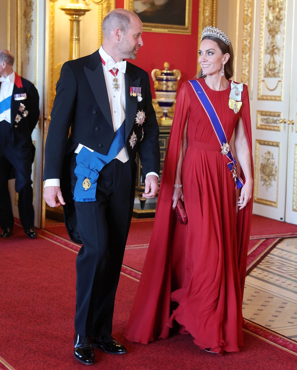 windsor, england july 08: prince william, prince of wales and catherine, princess of wales attend the state banquet at windsor castle on july 08, 2025 in windsor, england. president emmanuel macron and mrs brigitte macron visit the uk in the first visit state visit made by france in 17 years. they are staying at windsor castle, hosted by king charles iii and queen camilla, and a banquet will be held there in their honour. the macrons will visit imperial college, and the president will address parliament during his stay. (photo by chris jackson/getty images)