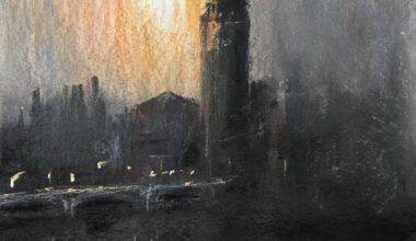 Parliament buildings at sunset. Original wet charcoal and pastel art by me.