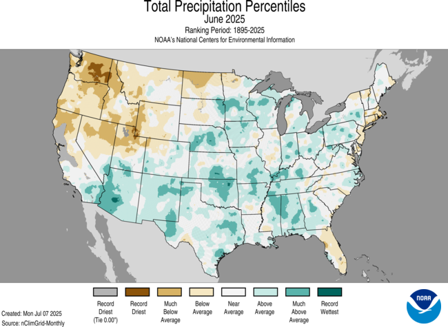 Map of the U.S. showing precipitation percentiles for June 2025 with wetter areas in gradients of green and drier areas in gradients of brown.