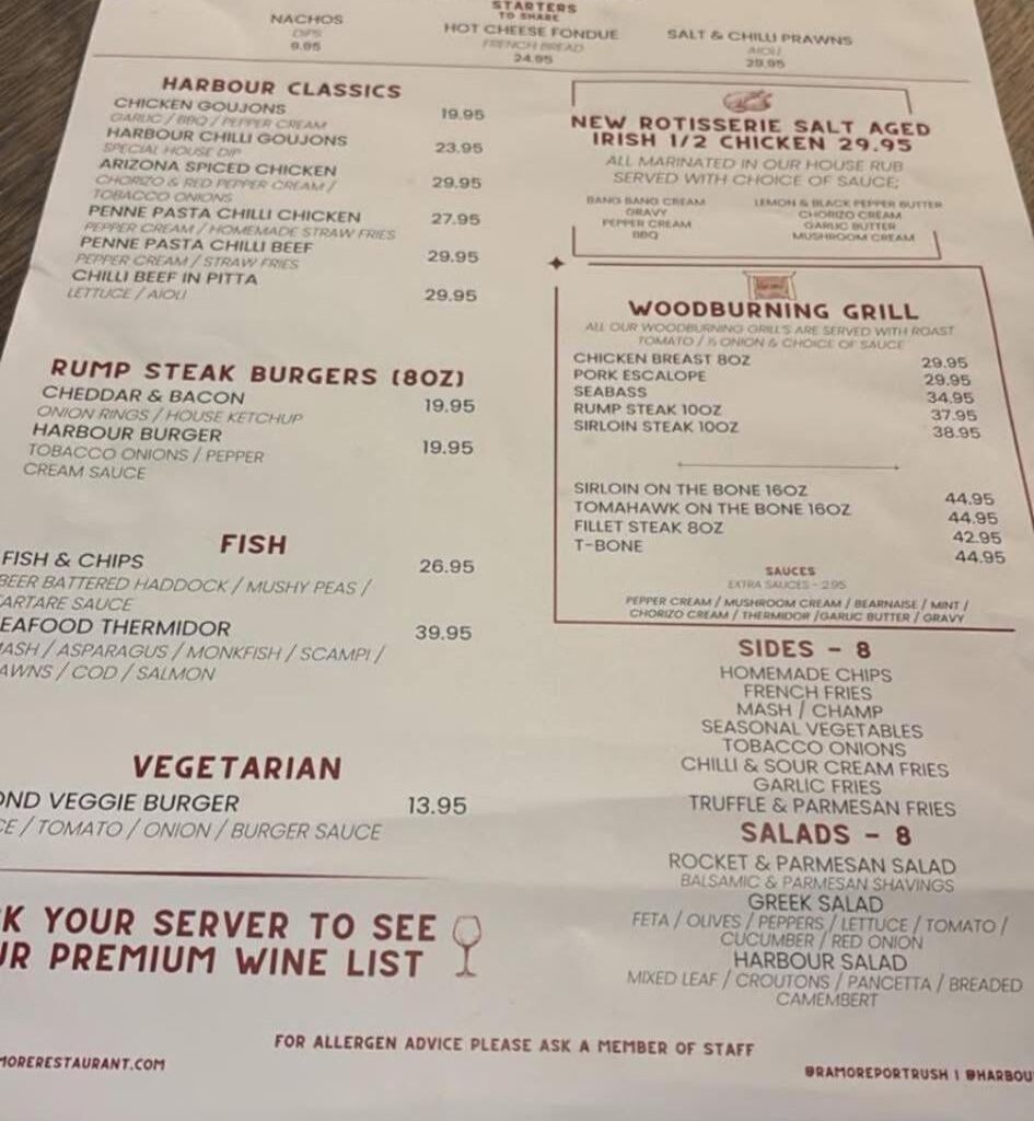 Ramore menu prices for the Open