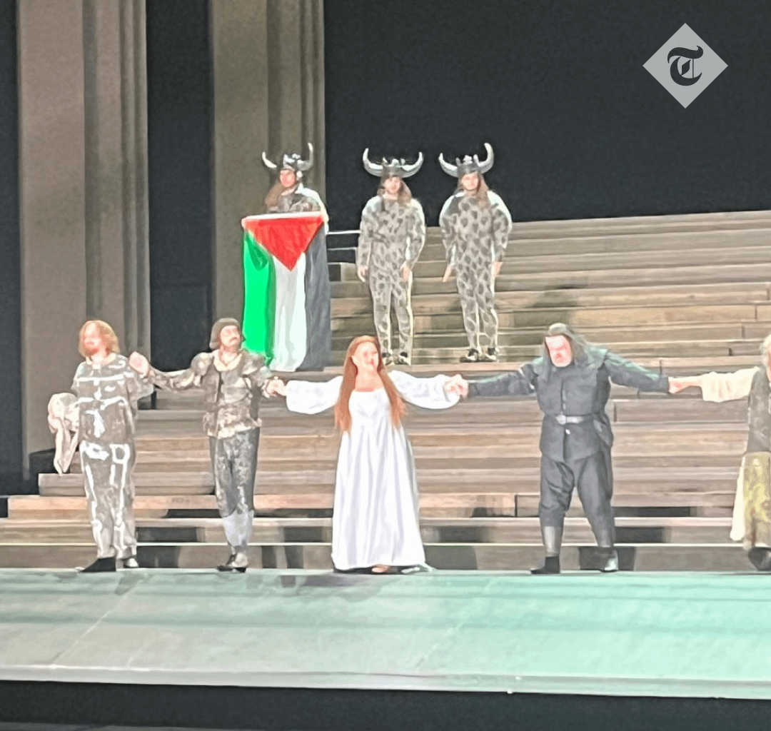 Pictured: Cast member unfurls Palestinian flag in Royal Opera House protest