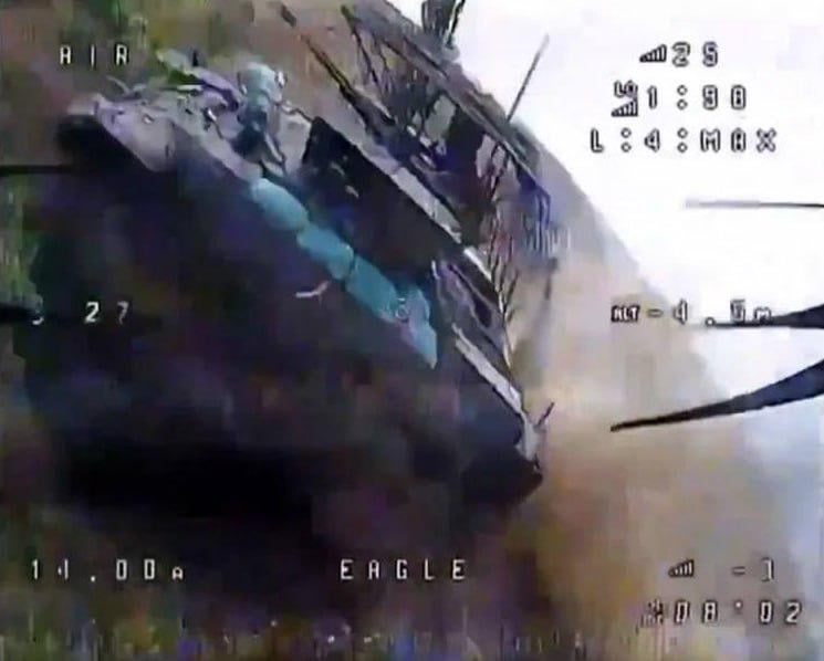 Photo of an Ukrianian FPV drone seconds before striking a rare Russian BMPT “Terminator”