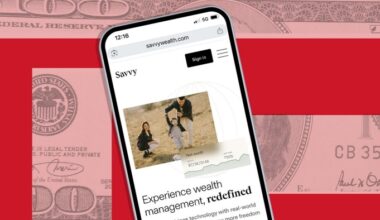Savvy Wealth website on phone with US dollar background