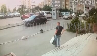 A screen grab of CCTV footage showing Security Service of Ukraine (SBU) officer Col Ivan Voronych walking down the stairs moments before he was shot in Kyiv