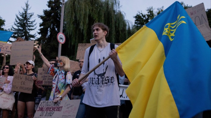 Demonstrator with Ukraine flag