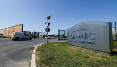 The construction site entrance to Sizewell C in Suffolk